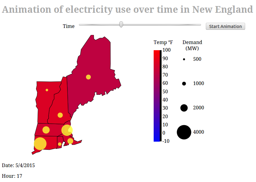 Screenshot of an interactive map showing electricity use across New England